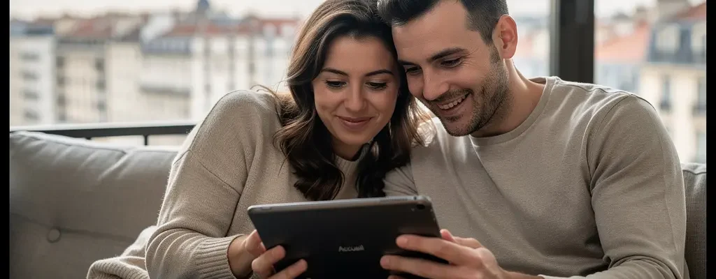 Couple français consultant un comparateur de crédit immobilier dans leur salon lyonnais