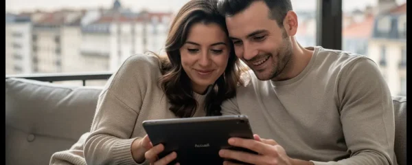 Couple français consultant un comparateur de crédit immobilier dans leur salon lyonnais