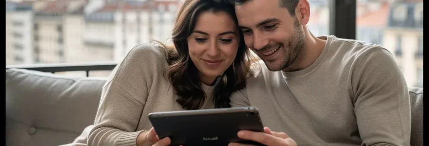 Couple français consultant un comparateur de crédit immobilier dans leur salon lyonnais