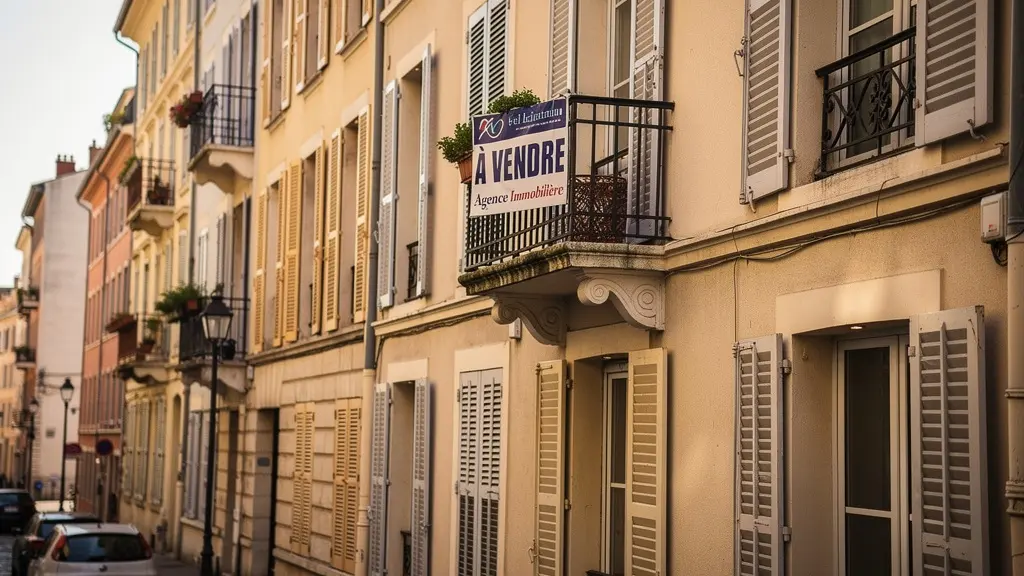 Immeuble résidentiel lyonnais avec balcons et panneau à vendre