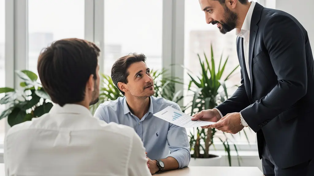 Courtier immobilier présentant une offre de prêt à des clients dans un bureau moderne