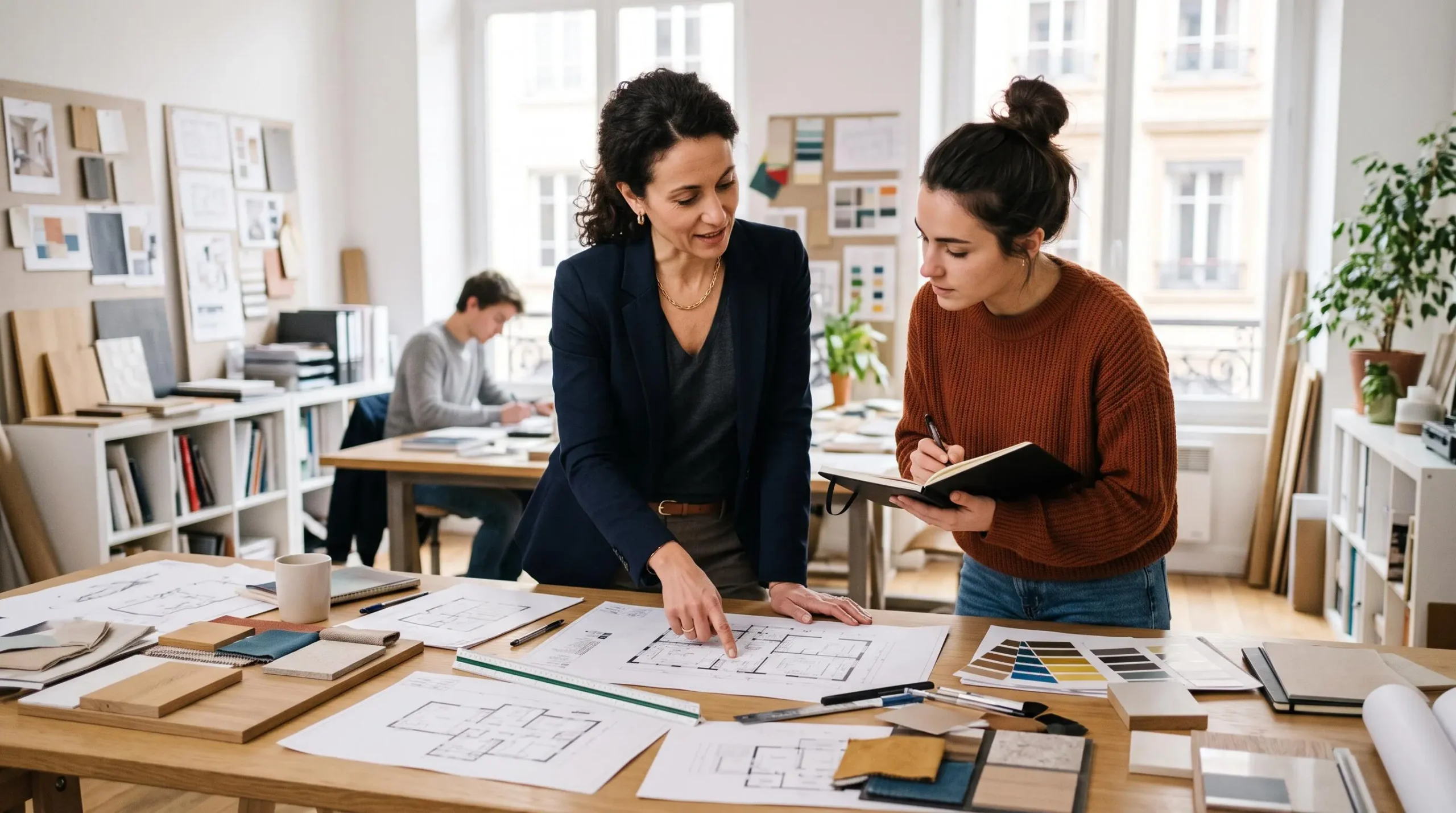 Professionnel de la décoration d'intérieur accompagnant un étudiant dans la révision de son projet de design
