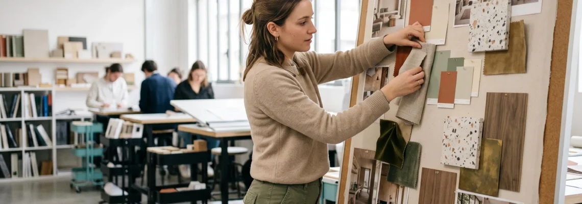 Étudiante en décoration d'intérieur créant une planche tendance avec échantillons de matériaux et couleurs dans un atelier lumineux