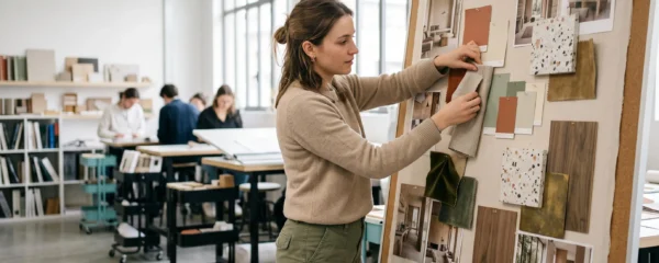 Étudiante en décoration d'intérieur créant une planche tendance avec échantillons de matériaux et couleurs dans un atelier lumineux