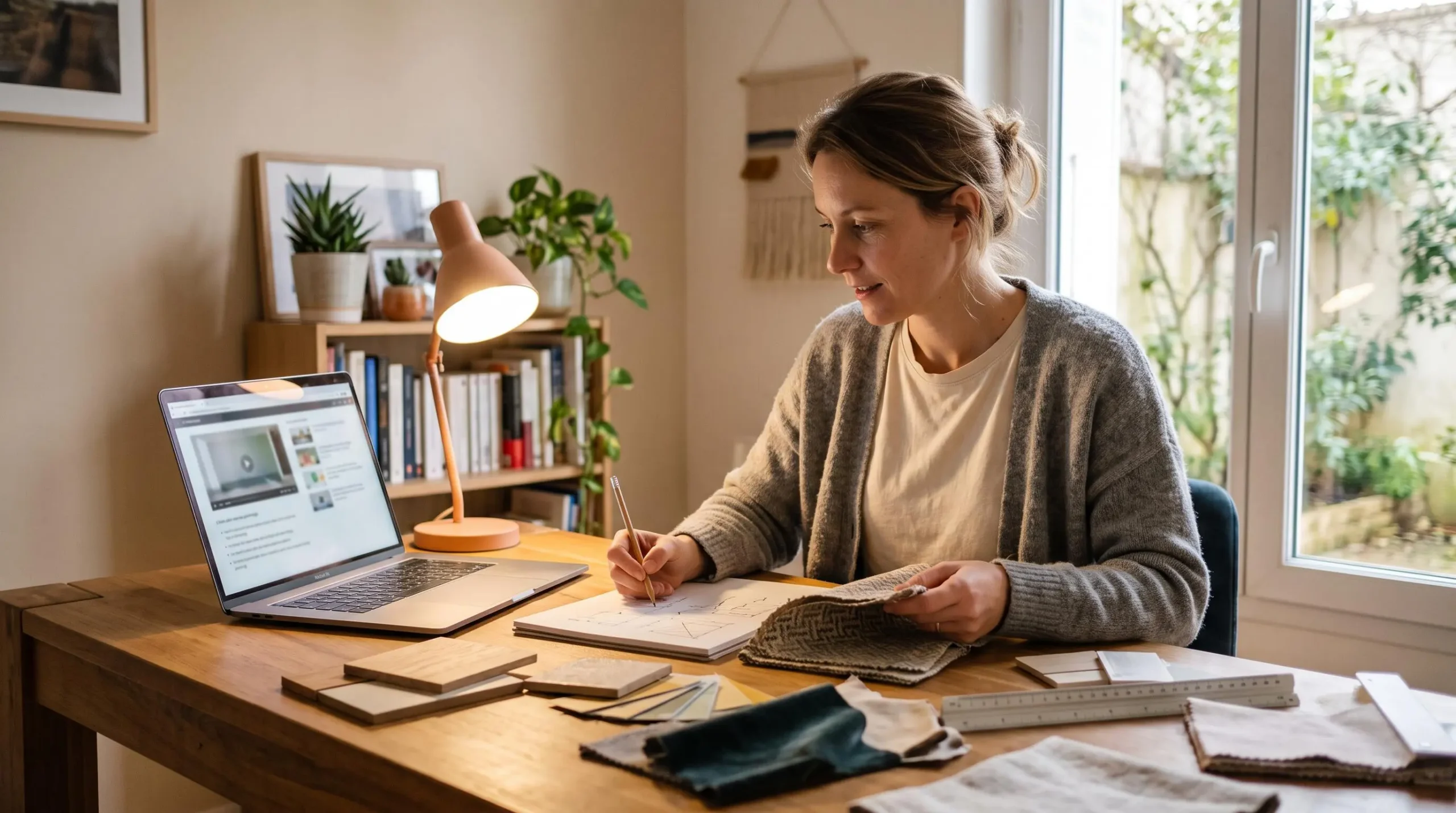 Femme suivant une formation de décoration d'intérieur à distance depuis son espace de travail à domicile, avec ordinateur et échantillons de matériaux