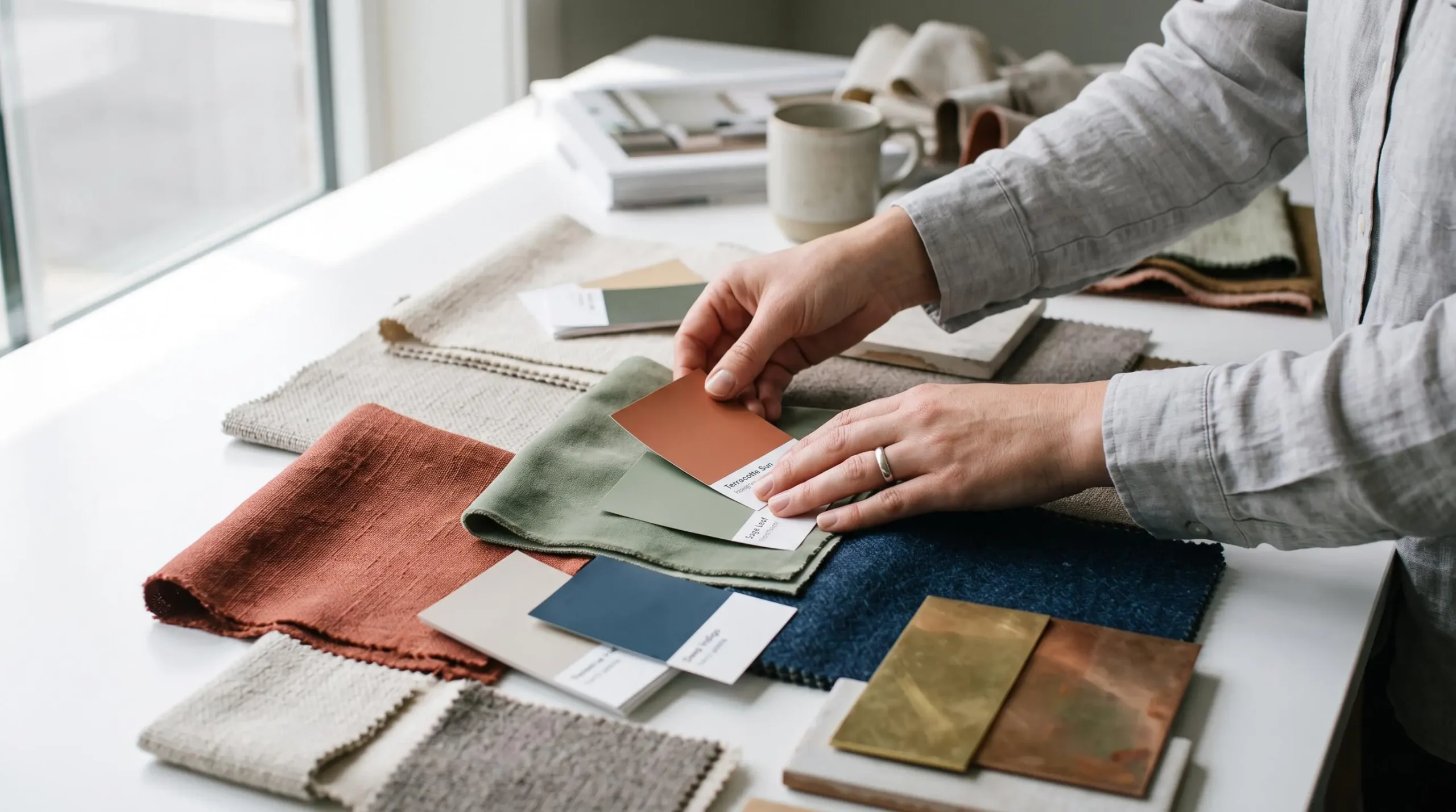 Mains sélectionnant des échantillons de couleurs et matériaux pour un projet de décoration d'intérieur